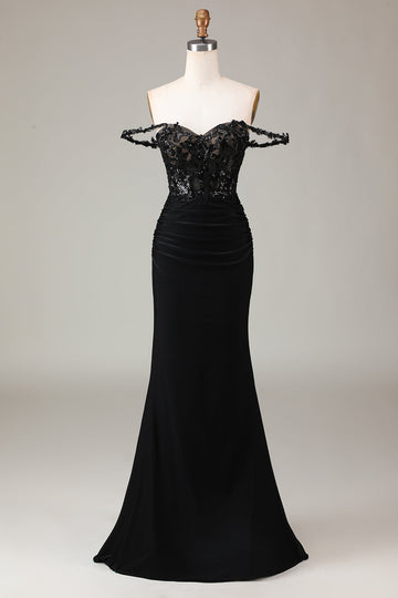 Off the Shoulder Black Sparkly Mermaid Ball Dress